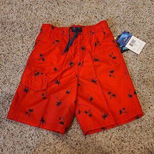 NWT Kanu Surf Boys Small 8 Red Palm Tree Quick Dry Beach Swim Trunk